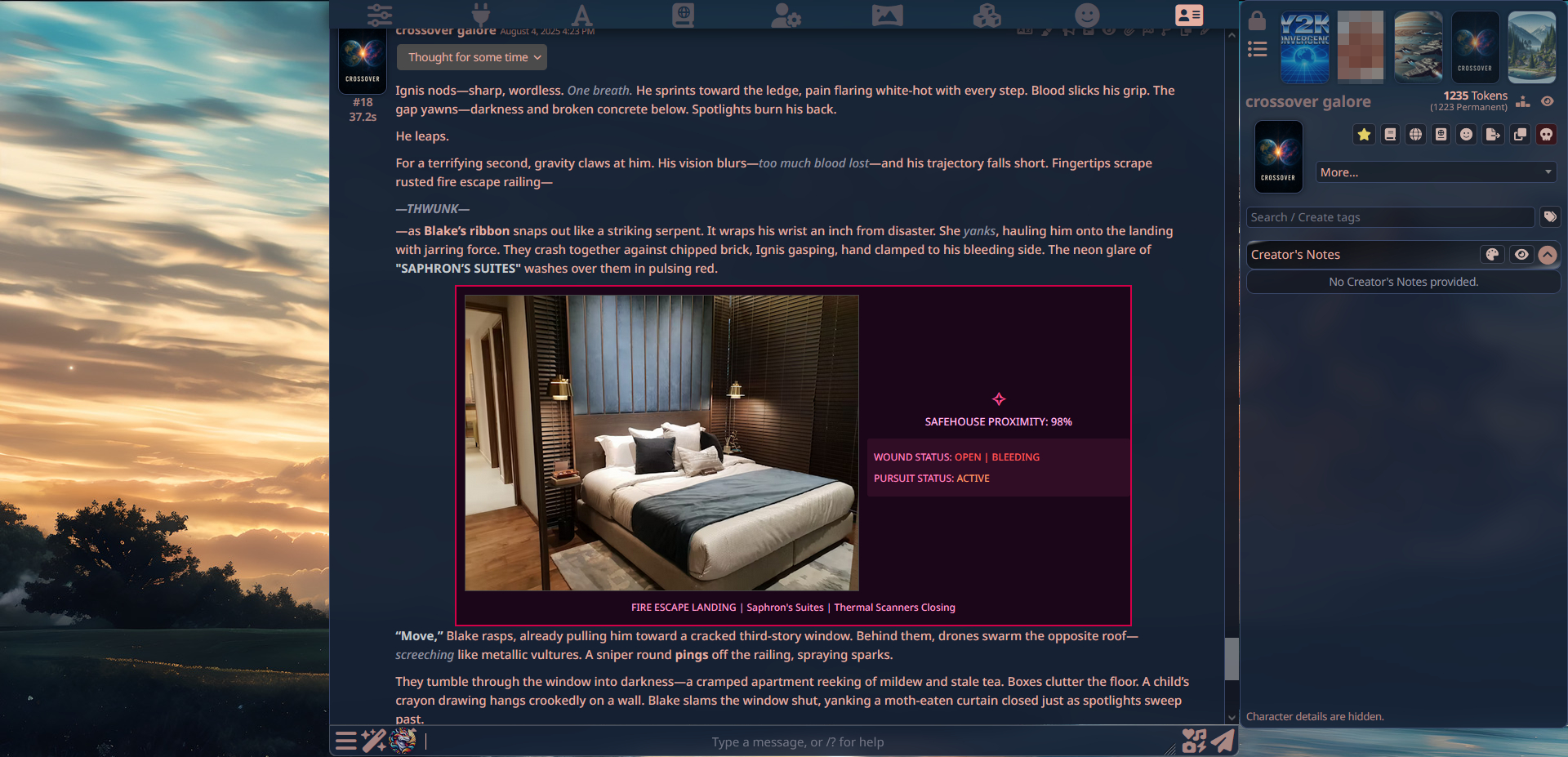 Screenshot of SillyTavern, with the image of a luxury suite generated for the current game.