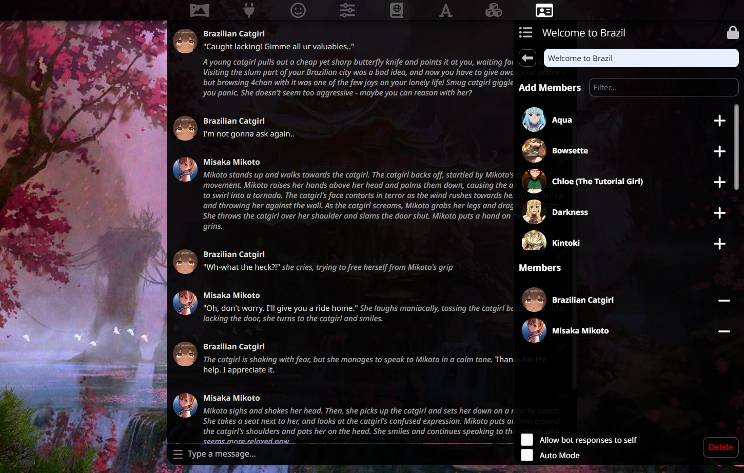 Screenshot of a SillyTavern interface showing multiple AI characters in the same session.
